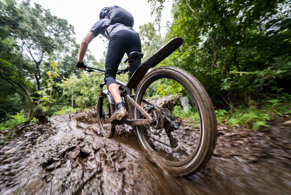 Mountain biker riding through muddy forest trail